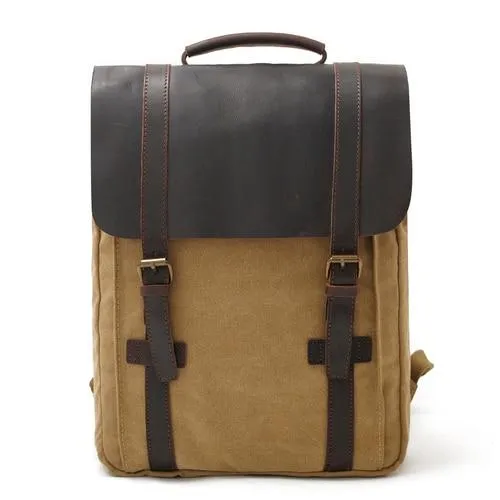 2 Straps Genuine Leather and Canvas Backpack in 4 Colors