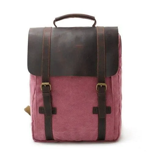 2 Straps Genuine Leather and Canvas Backpack in 4 Colors