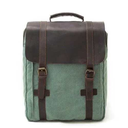 2 Straps Genuine Leather and Canvas Backpack in 4 Colors