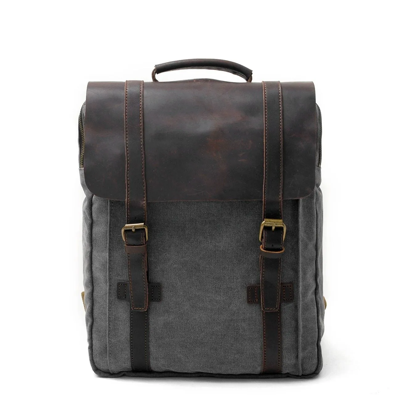 2 Straps Genuine Leather and Canvas Backpack in 4 Colors