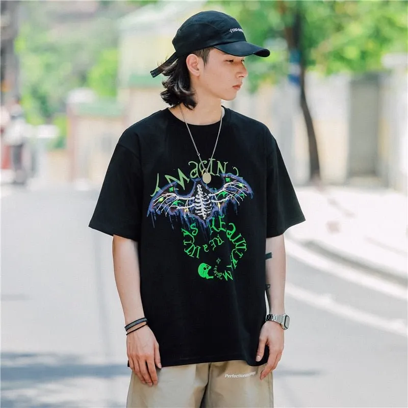 Bat Skull Print T Shirt Men Hip Hop T-Shirts Streetwear Summer Tshirt Short Sleeve Cotton Oversized Gray Tops Tees