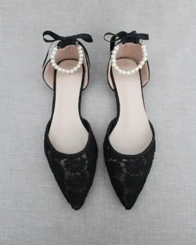 Black Crochet Lace Pointy Toe with Pearls Ankle Strap