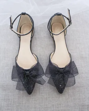 Black Rock Glitter Pointy Toe Flats with Ankle Strap and Organza Bow