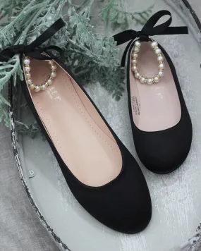 Black Round Toe Evening Flat with Pearl Strap