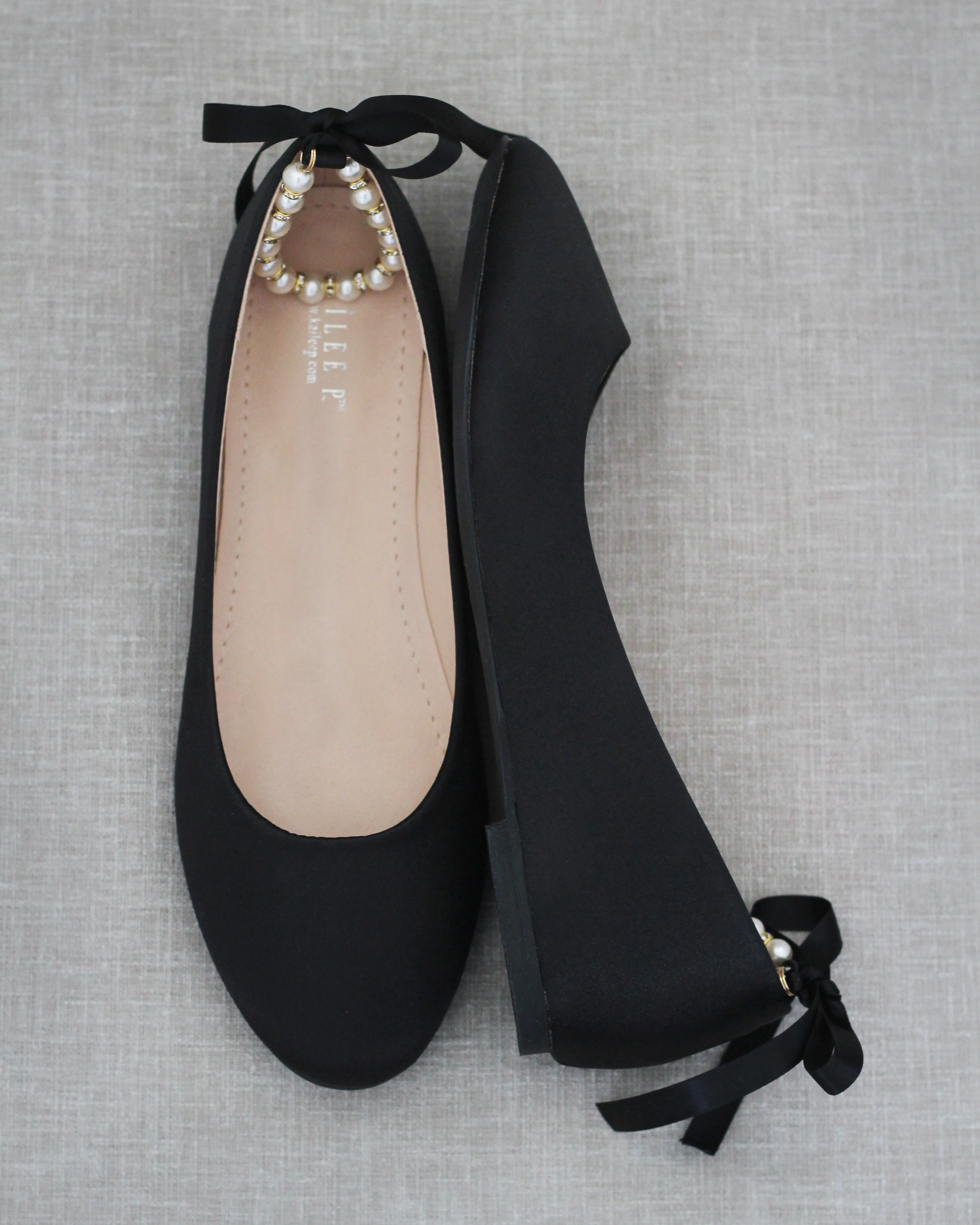 Black Round Toe Evening Flat with Pearl Strap