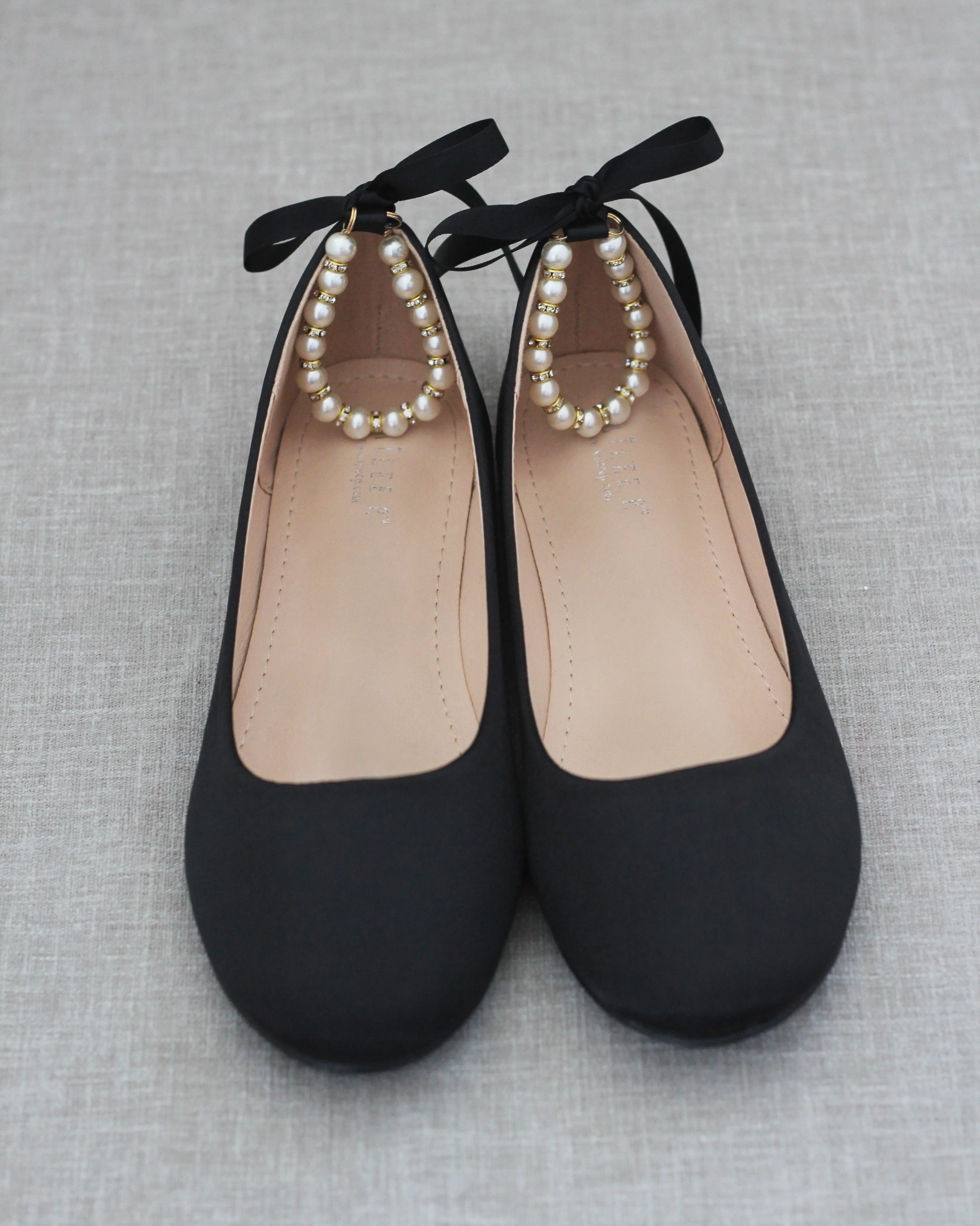 Black Round Toe Evening Flat with Pearl Strap