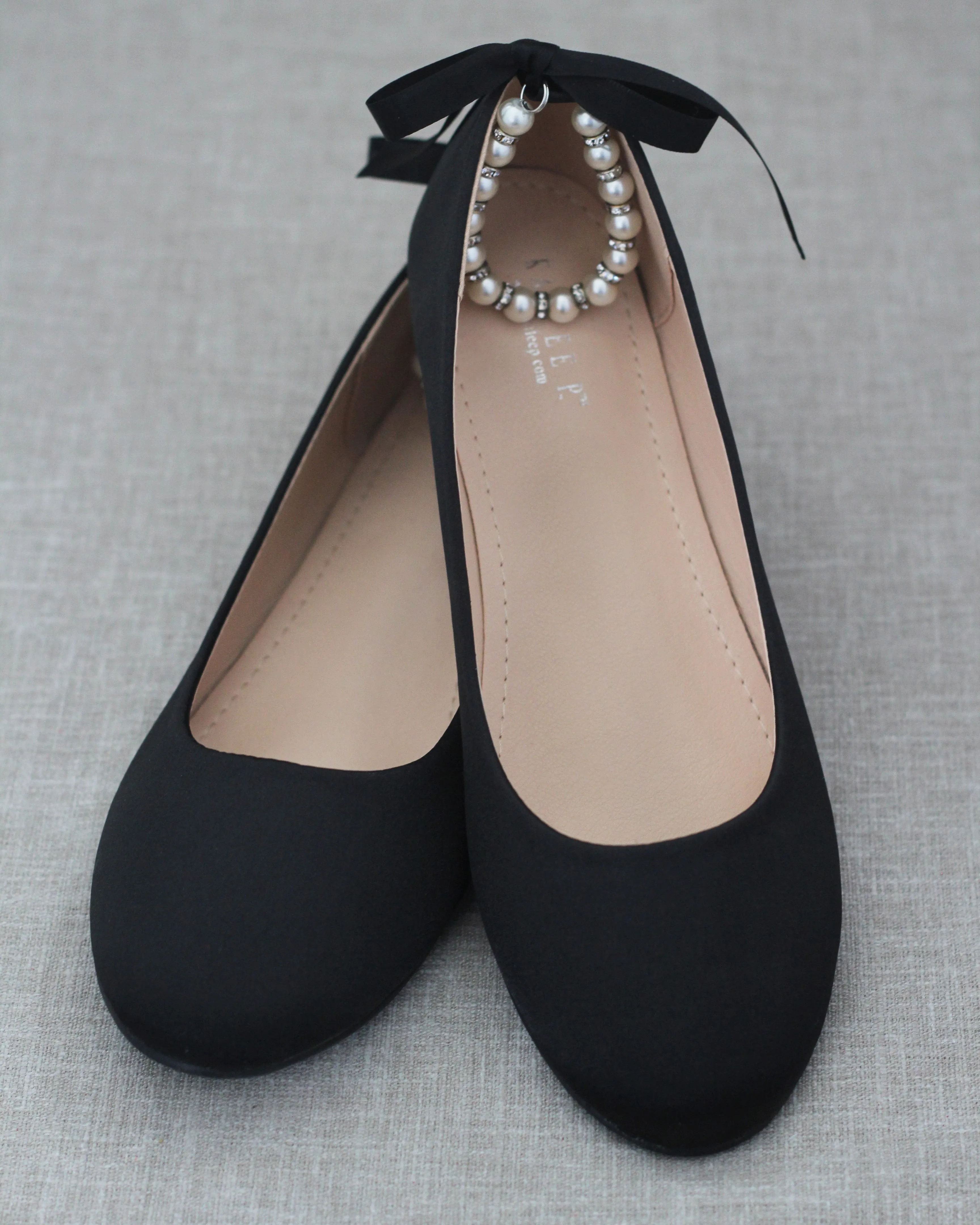 Black Round Toe Evening Flat with Pearl Strap