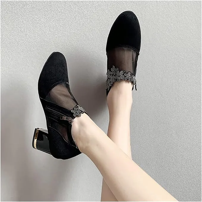 Block Heel Fashionable Net Ankle Boots Casual Shoes Elegant Women's Party Shoes