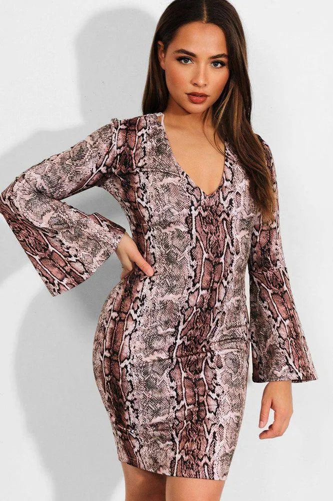 Brown Python Print Flute Sleeves Mini Bodycon Dress