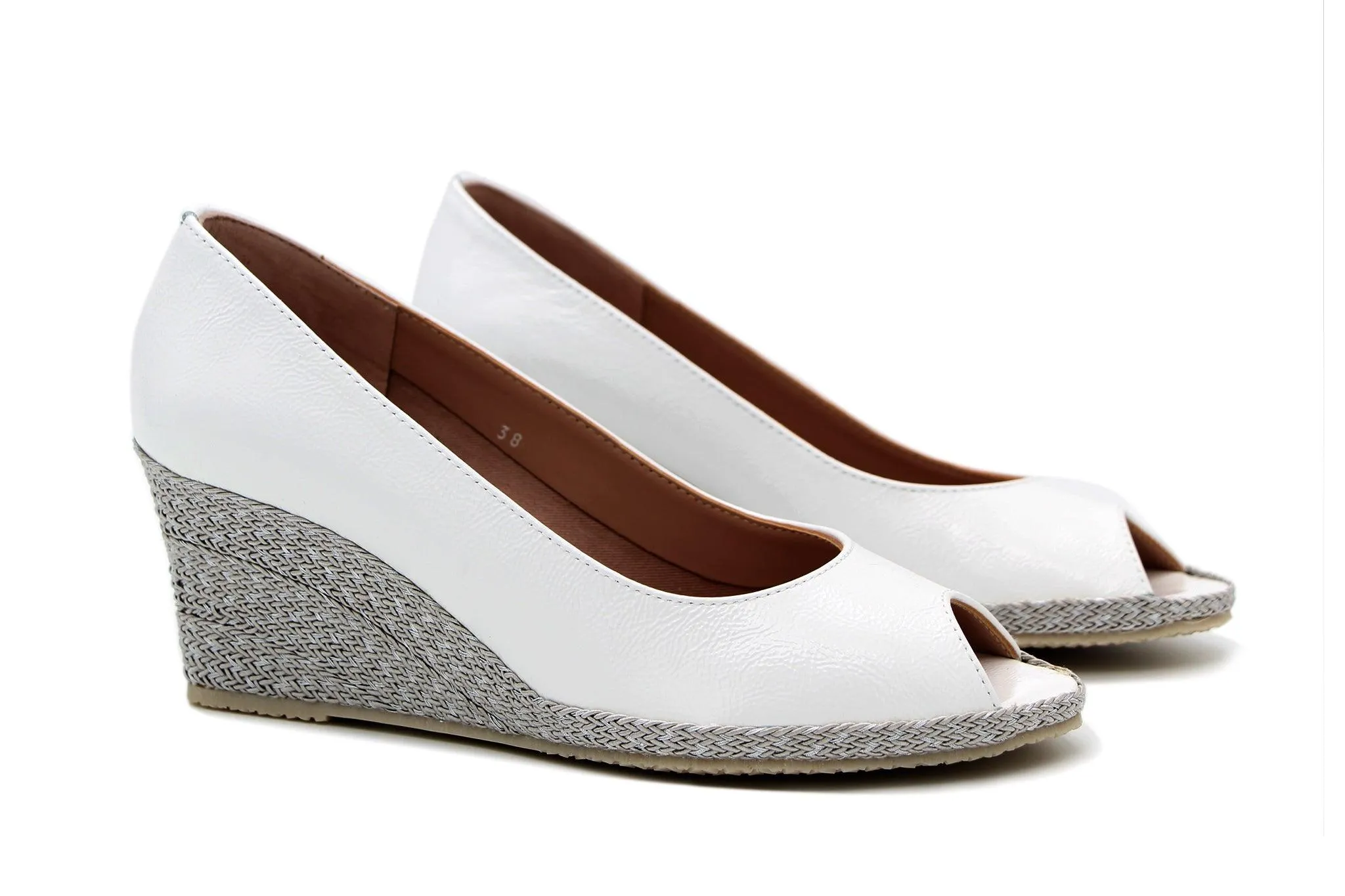 Bruno's White Patent Peep Toe Wedge shoe