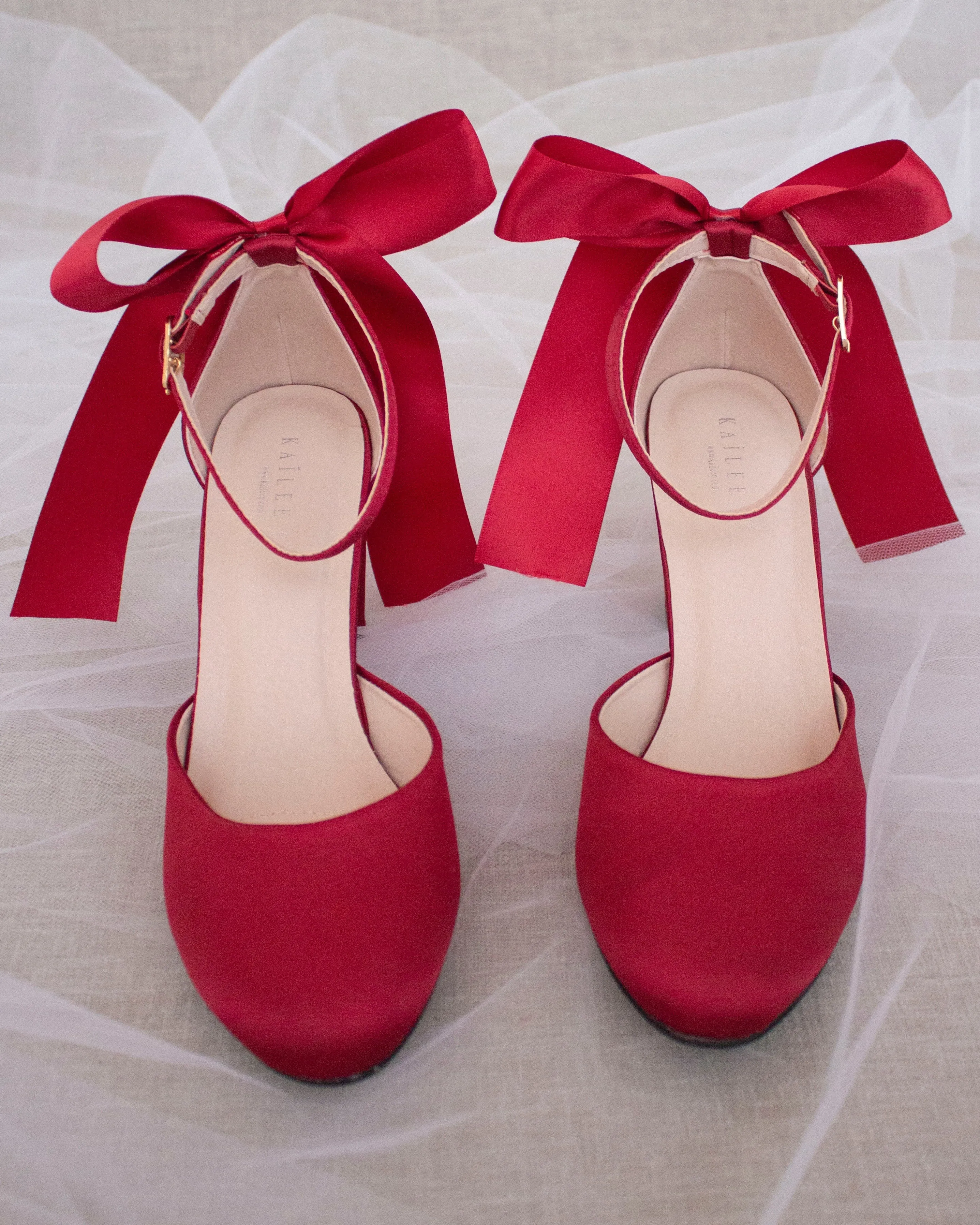 Burgundy Satin Block Heel with Satin Back Bow