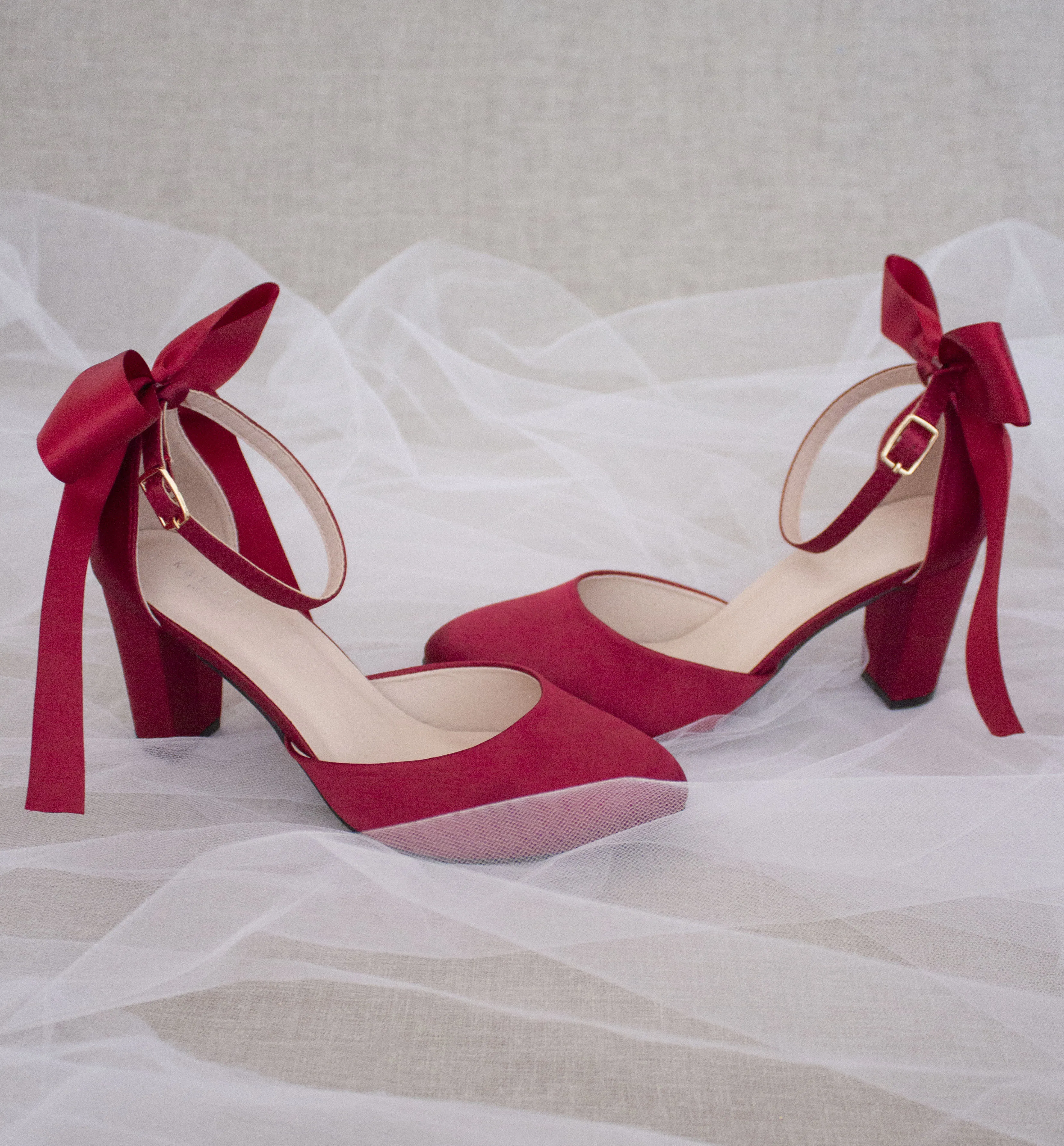 Burgundy Satin Block Heel with Satin Back Bow