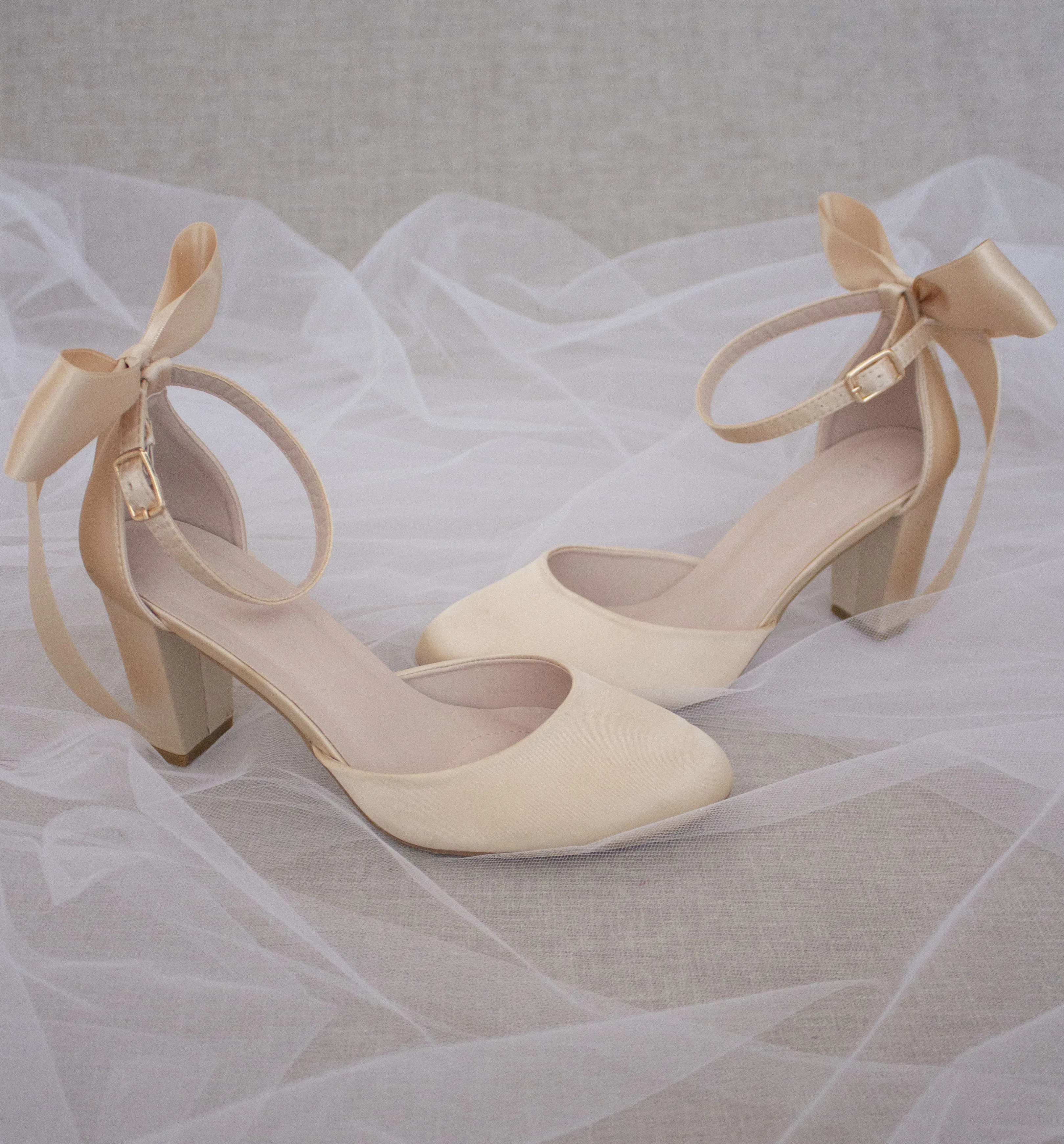 Champagne Satin Block Heel with Satin Back Bow