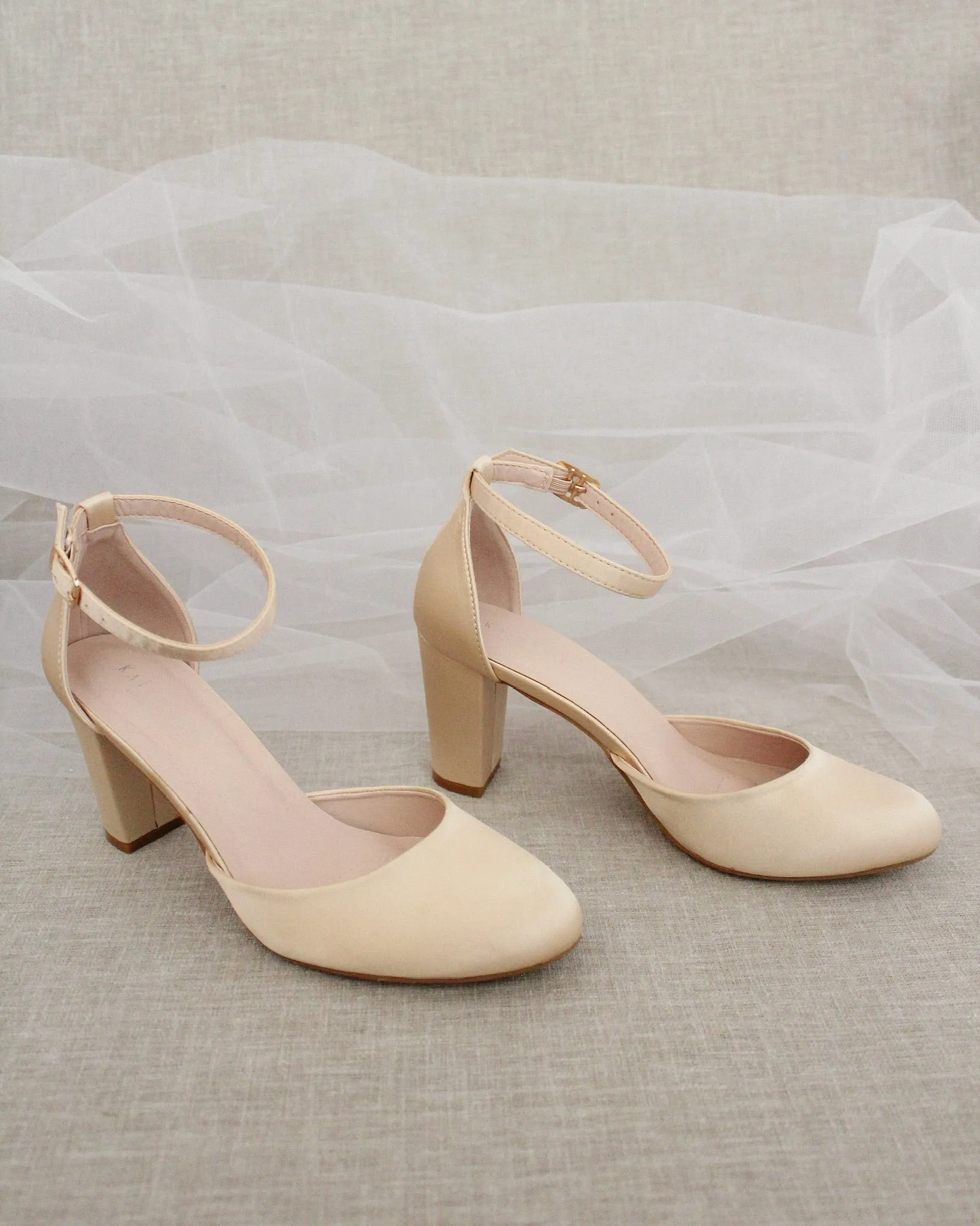 Champagne Satin Block Heel with Satin Back Bow