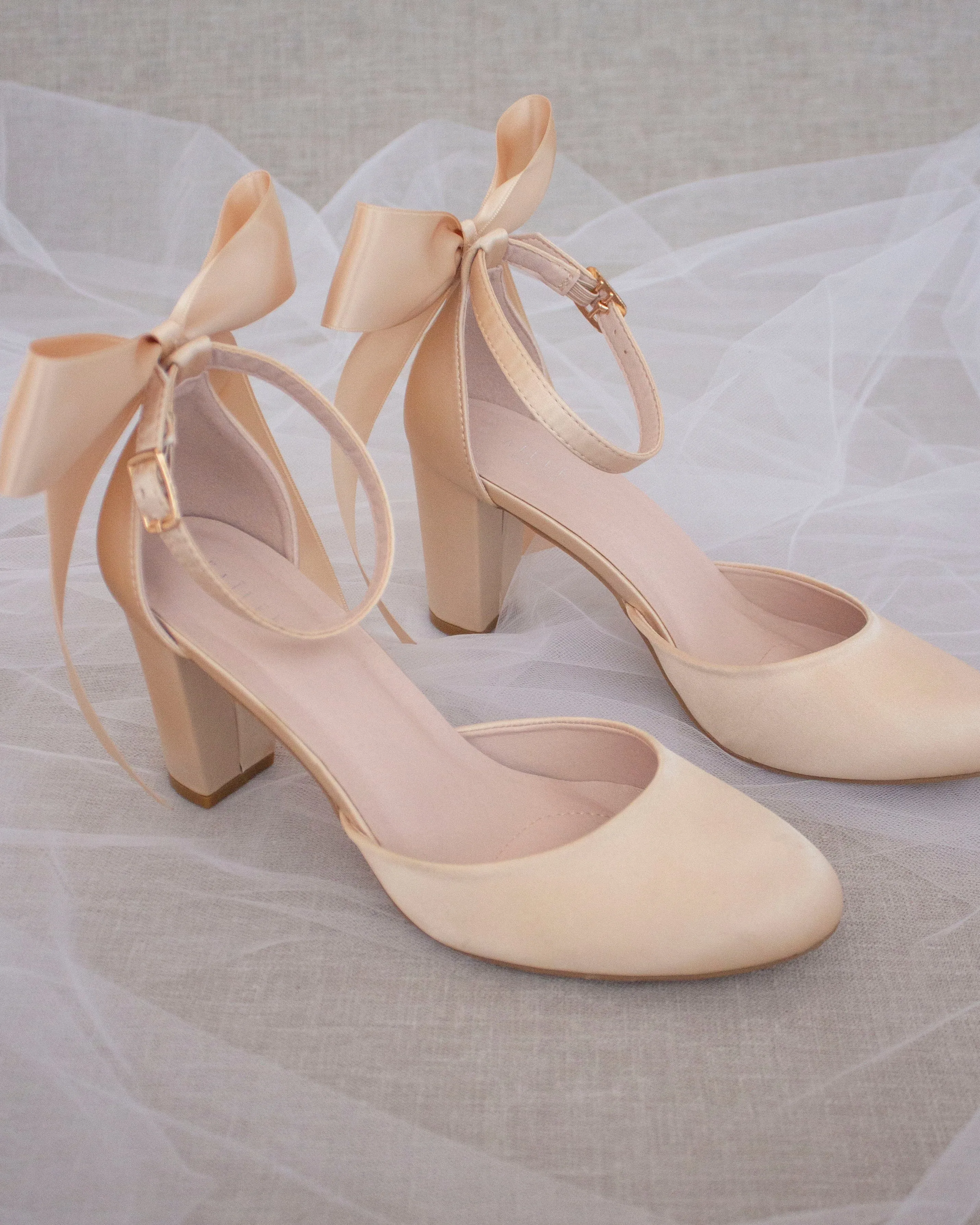 Champagne Satin Block Heel with Satin Back Bow