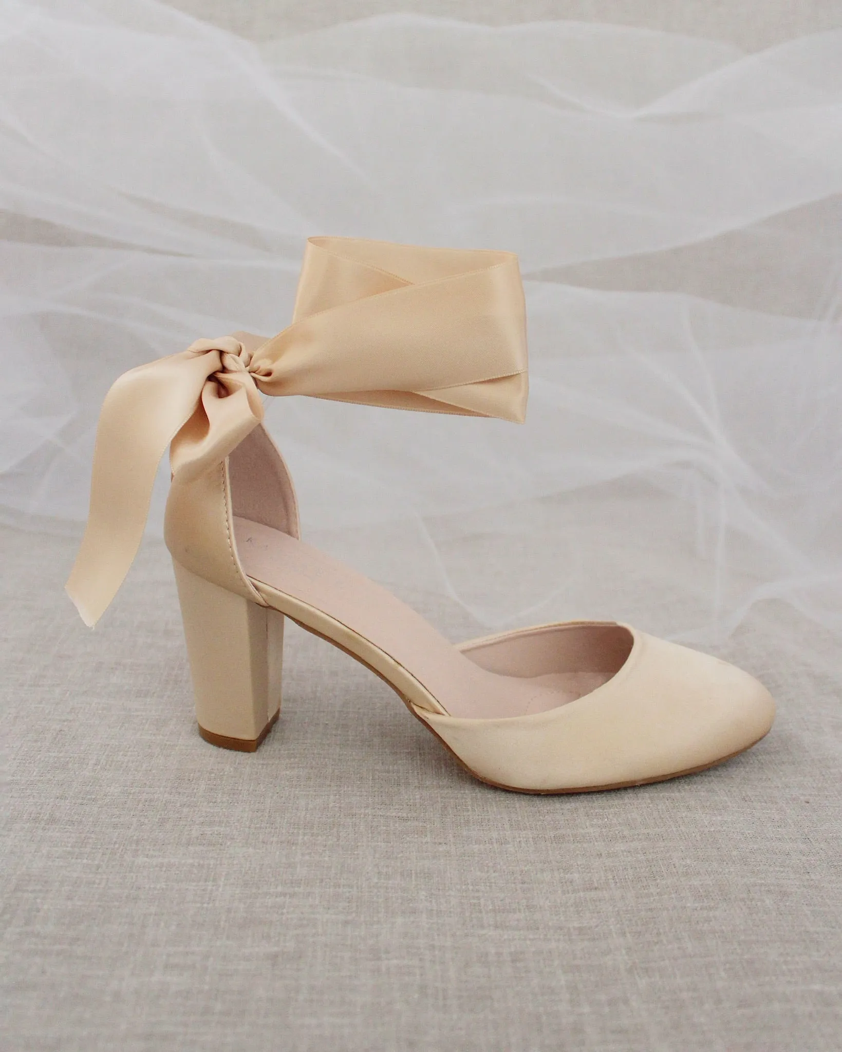 Champagne Satin Block Heel with Wrapped Satin Tie