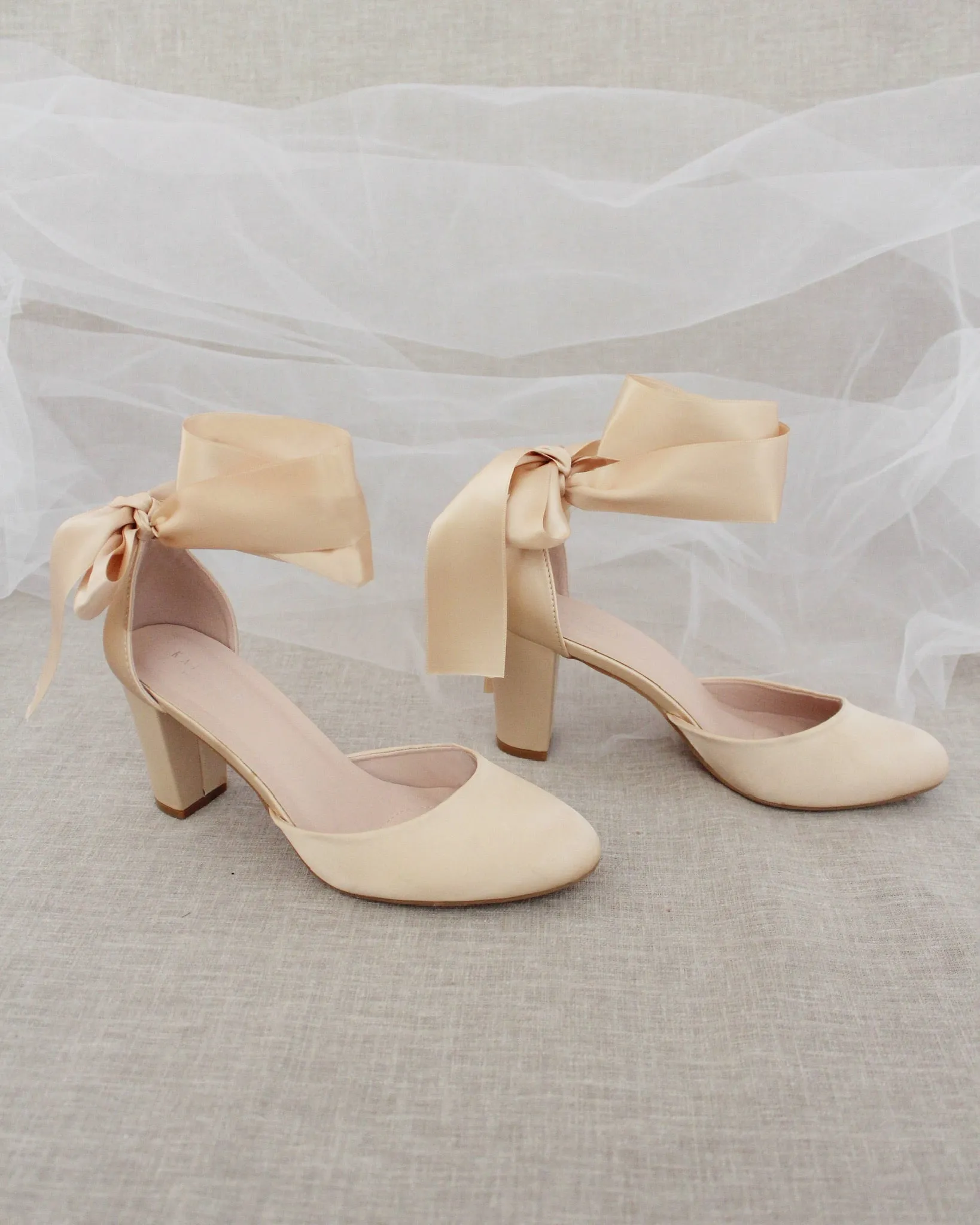 Champagne Satin Block Heel with Wrapped Satin Tie