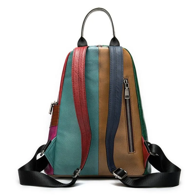 Colorful and Trendy Patchwork Design on Genuine Leather Backpack