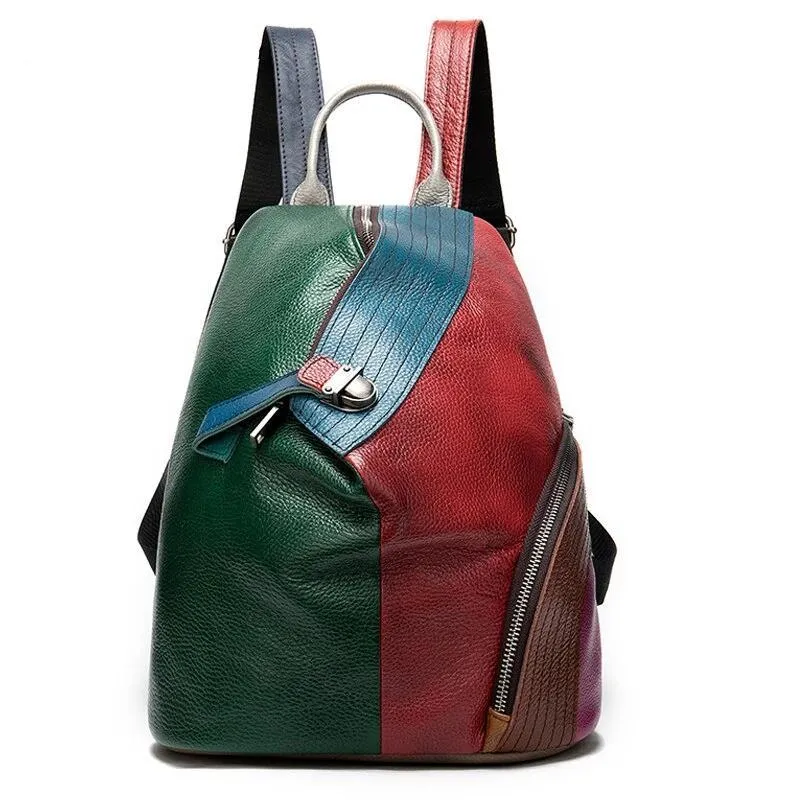 Colorful and Trendy Patchwork Design on Genuine Leather Backpack