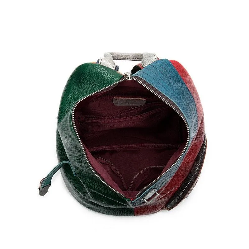 Colorful and Trendy Patchwork Design on Genuine Leather Backpack