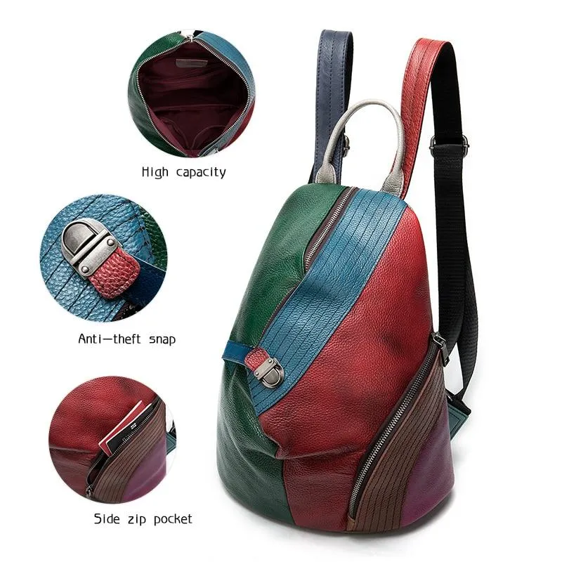 Colorful and Trendy Patchwork Design on Genuine Leather Backpack