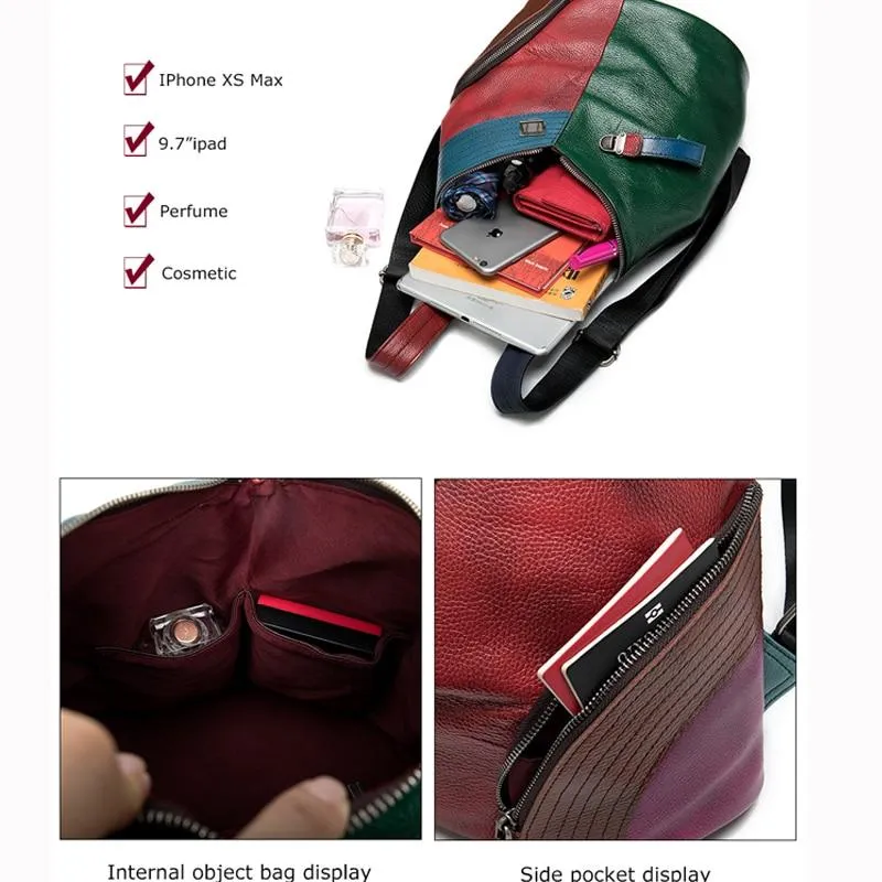 Colorful and Trendy Patchwork Design on Genuine Leather Backpack