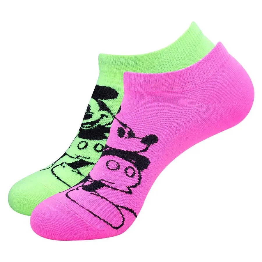 Disney Mickey Mouse Fluorescent Colored Lowcut Socks For Women - Pink Green