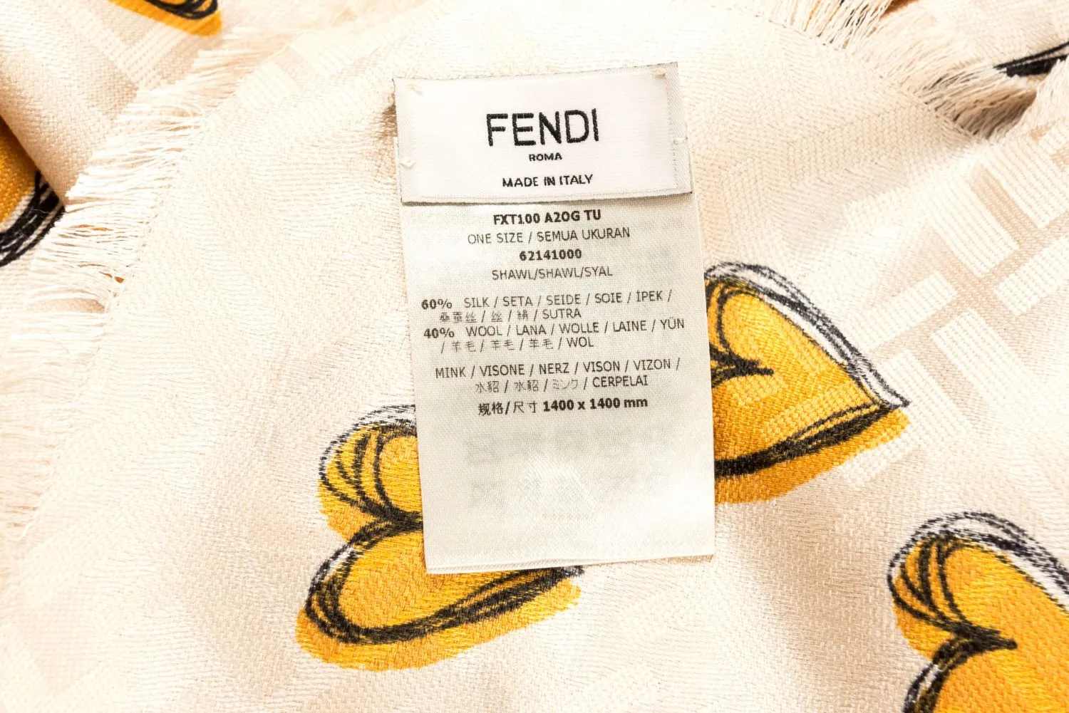 Fendi EXT100 1400mm X 1400mm Silk & Wool Shawl Light Beige Yellow Heart Shape, Mink Fur, no Box