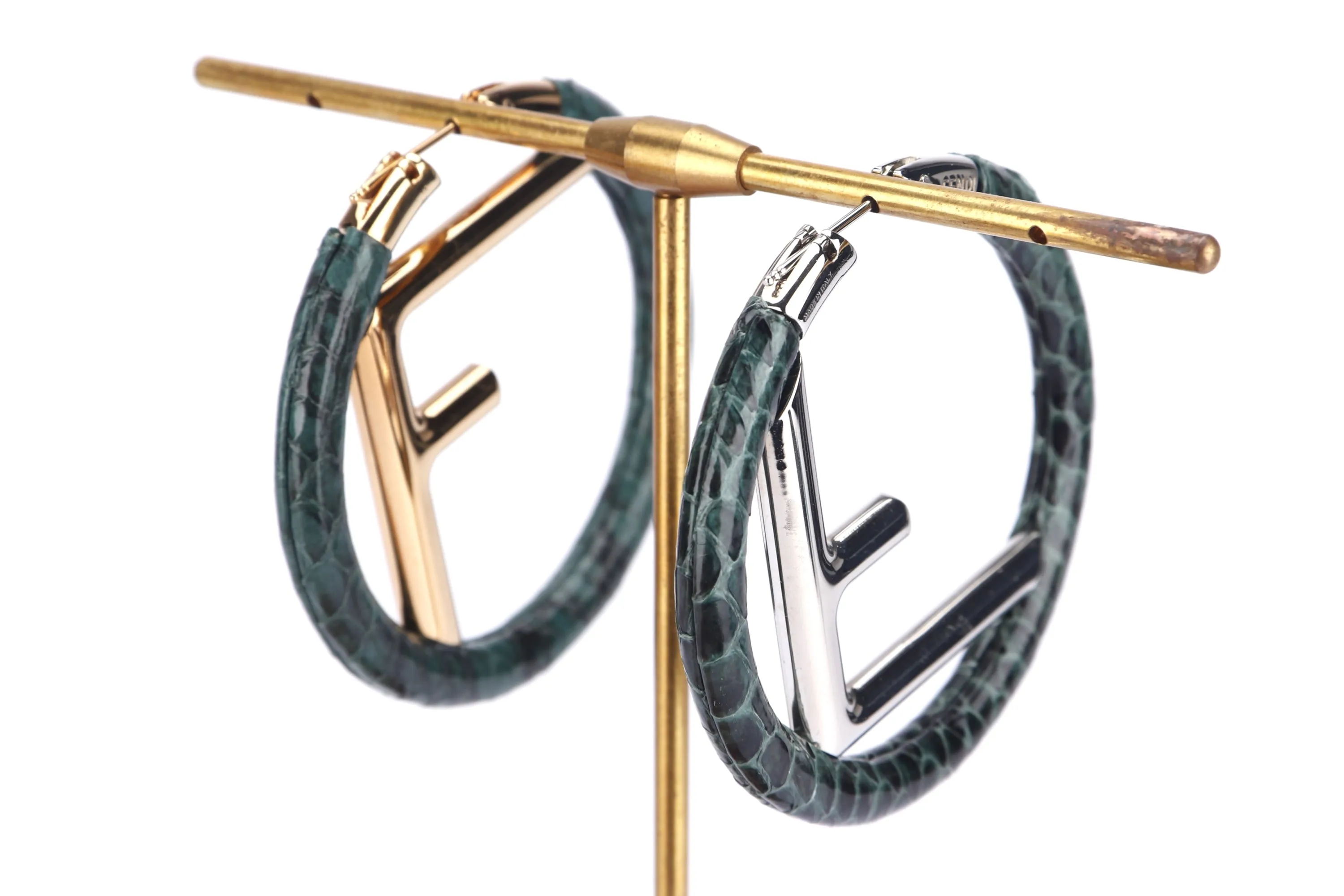 FENDI GOLD F INITIALS WITH GREEN LIZARD SKIN ROUND SHAPE EARRING, WITH BOX