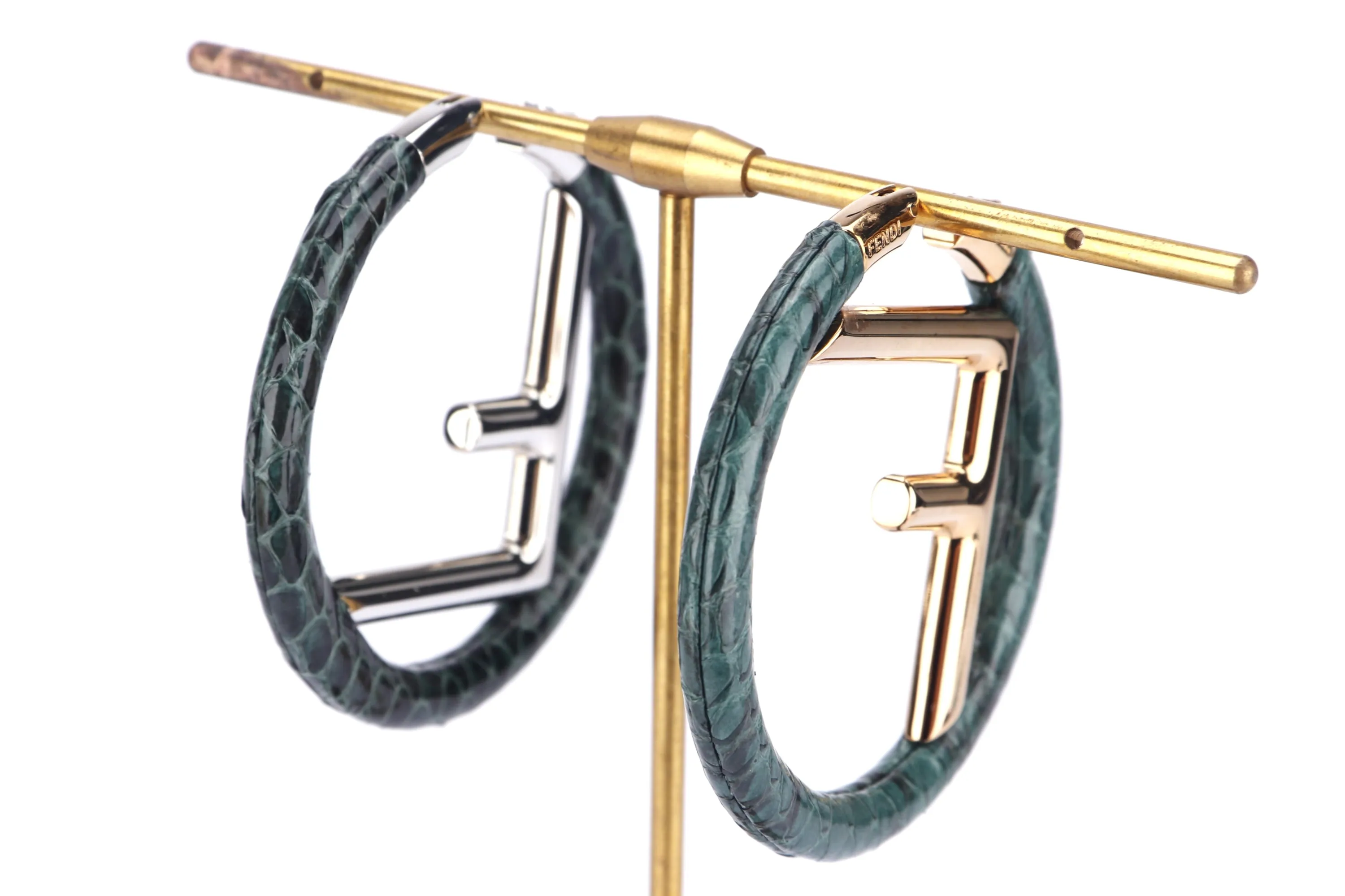 FENDI GOLD F INITIALS WITH GREEN LIZARD SKIN ROUND SHAPE EARRING, WITH BOX