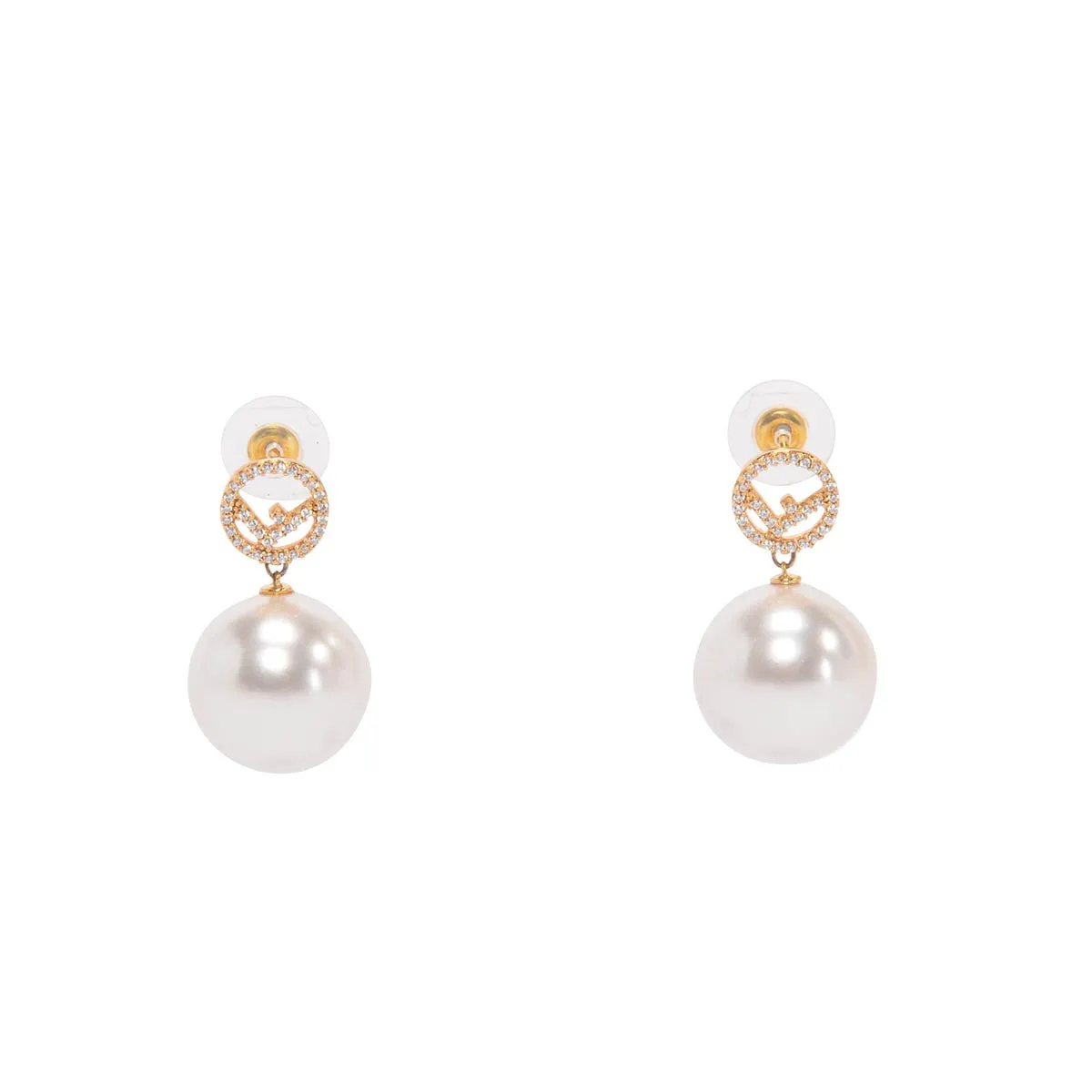 Fendi Gold Tone Crystal & Pearl F is Fendi Drop Earrings