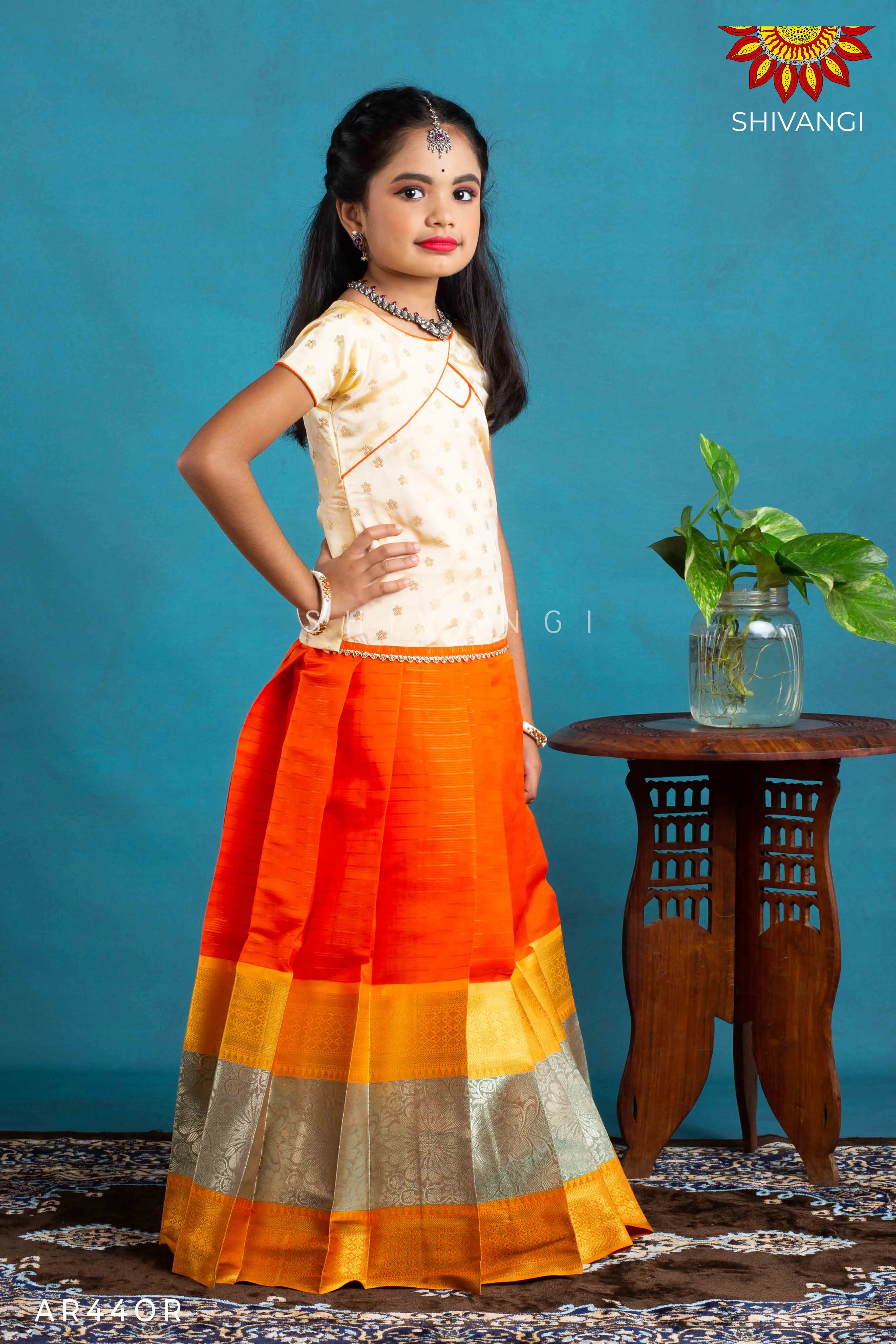 Girls Orange Floral Spring Pattu Pavadai