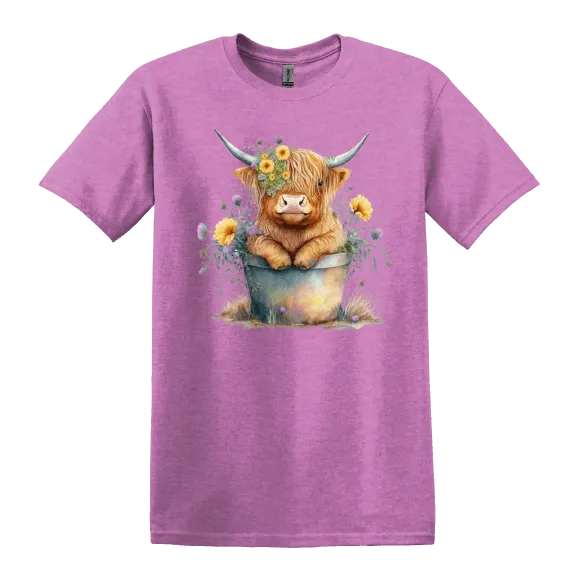 Highland Cow with Flowers Soft Ring Spun 100% Cotton Midweight Unisex T-Shirt TShirt