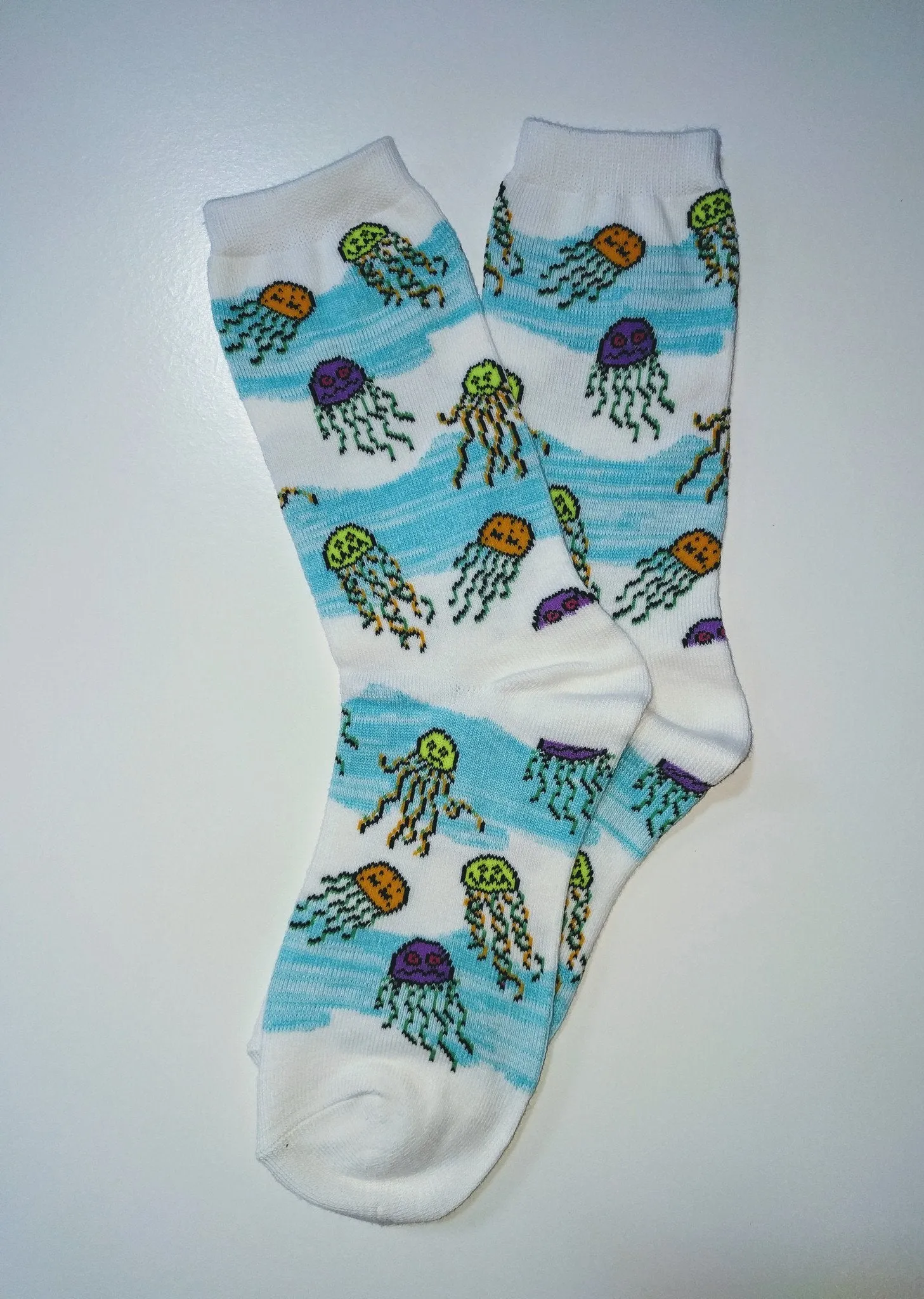 Jellyfish Teal Stripes Crew Socks