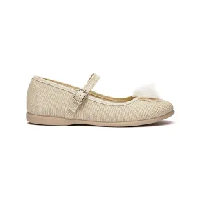 Linen Pom-Pom Buckle Mary Janes in Tan