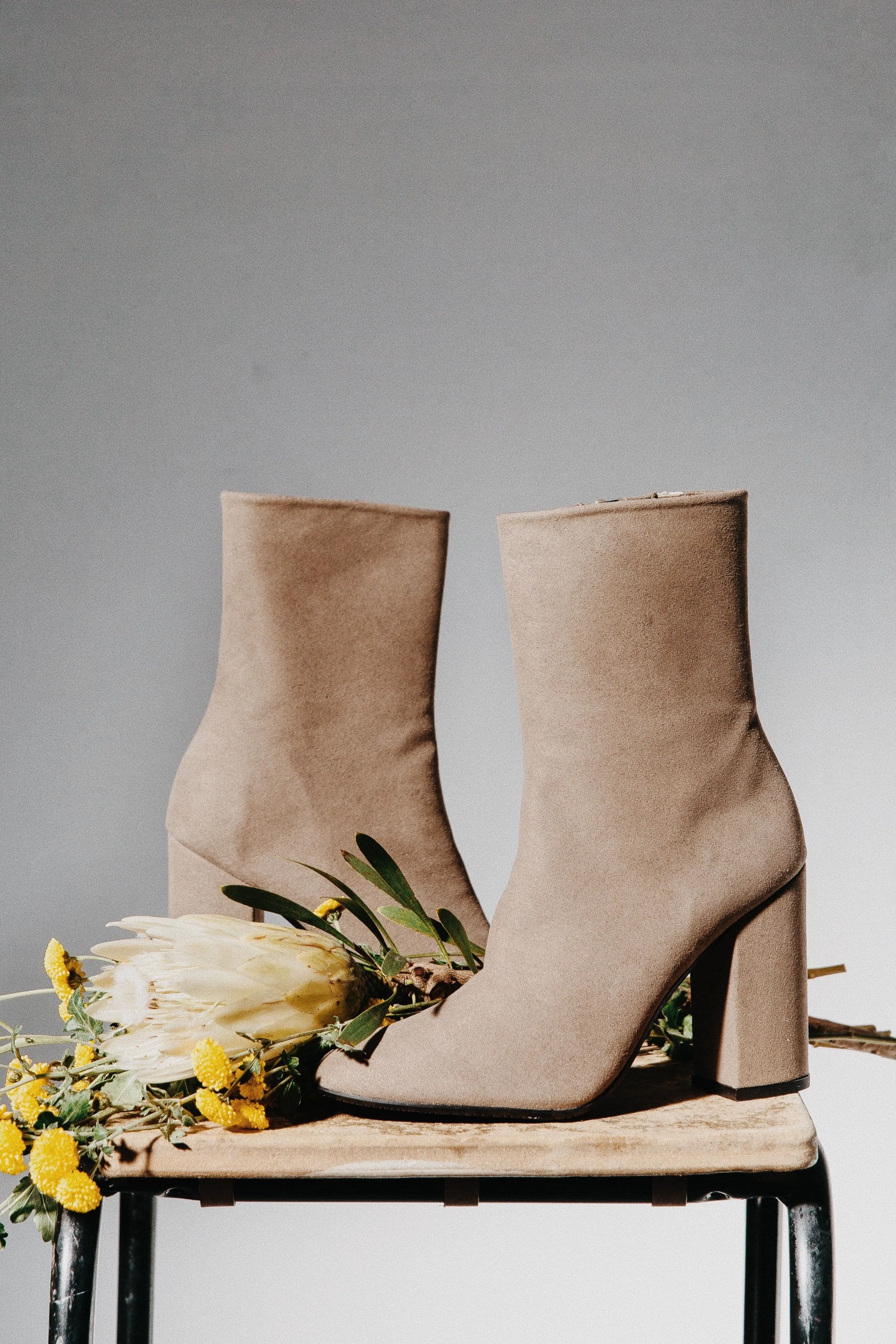 'Lisa' vegan-suede high-heel bootie by Zette Shoes - taupe