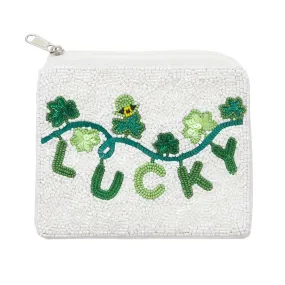 LUCKY Message Sequin Clover Beaded Mini Pouch Bag