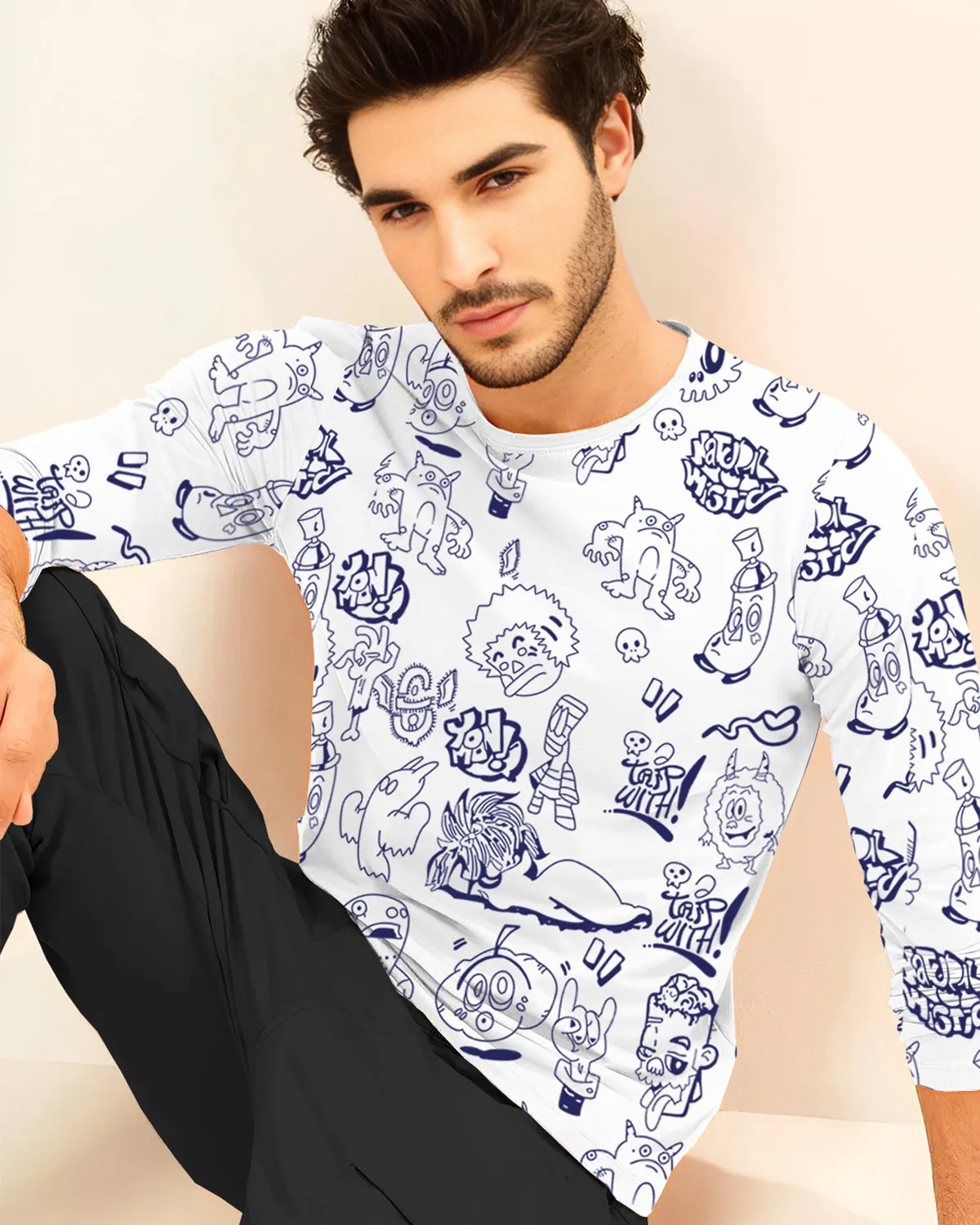 Men Full Sleeve Printed White Round Neck Tshirt