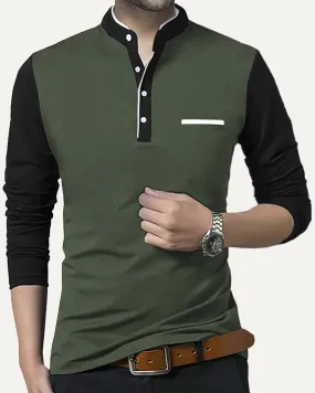 MEN HENLEY Full Sleeve OliveGreen Black Tshirt