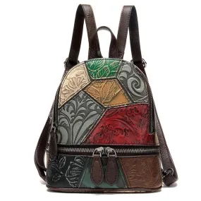 Mini Backpack with Embossed Floral Patterns on Leather Patchwork Design