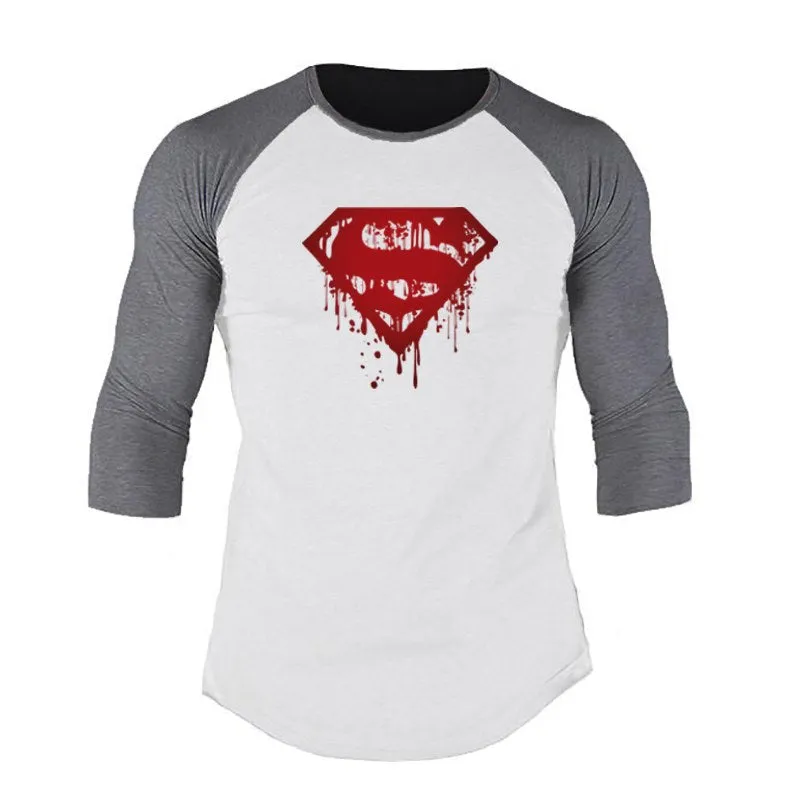 Muscleguys Spring Men T-shirts Plus Size 2XL 3/4 Sleeve Patchwork T Shirt Casual O-Neck Superman Tshirt Elastic Hip Hop Tops