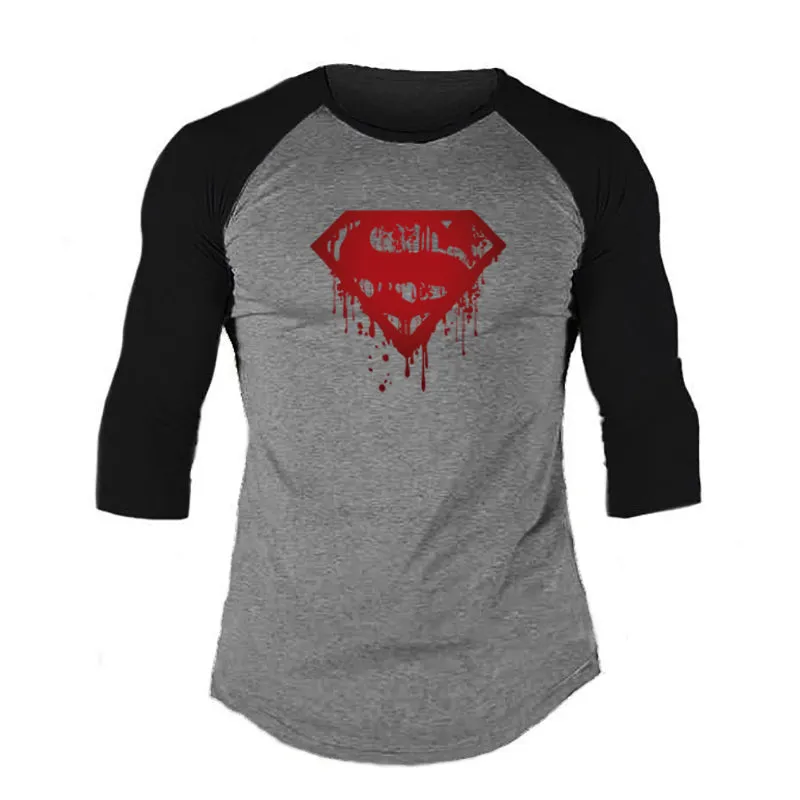 Muscleguys Spring Men T-shirts Plus Size 2XL 3/4 Sleeve Patchwork T Shirt Casual O-Neck Superman Tshirt Elastic Hip Hop Tops