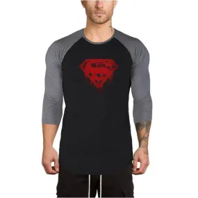 Muscleguys Spring Men T-shirts Plus Size 2XL 3/4 Sleeve Patchwork T Shirt Casual O-Neck Superman Tshirt Elastic Hip Hop Tops