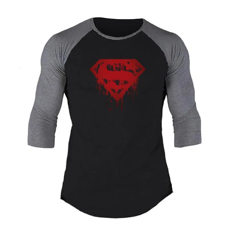 Muscleguys Spring Men T-shirts Plus Size 2XL 3/4 Sleeve Patchwork T Shirt Casual O-Neck Superman Tshirt Elastic Hip Hop Tops