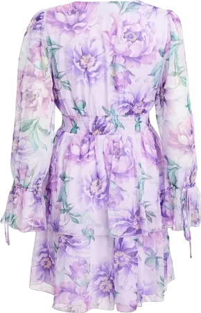 QUIZ  Lilac Chiffon Floral Tiered Long Sleeve Mini Dress UK 12