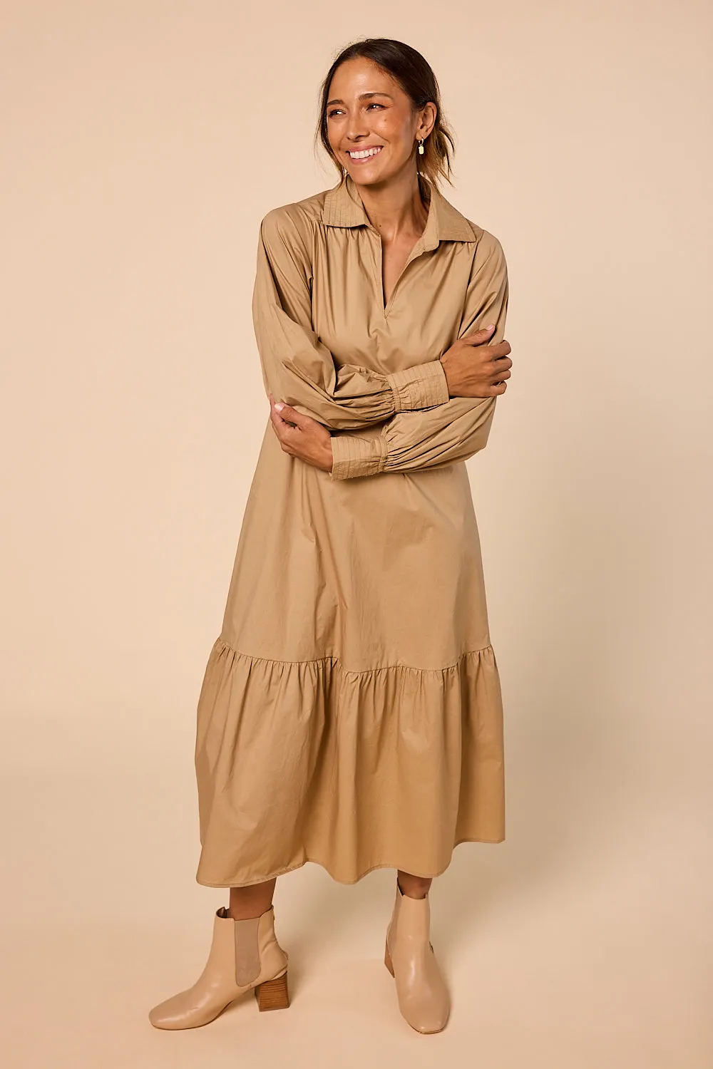 Sabre V-Neck Dress in Camel