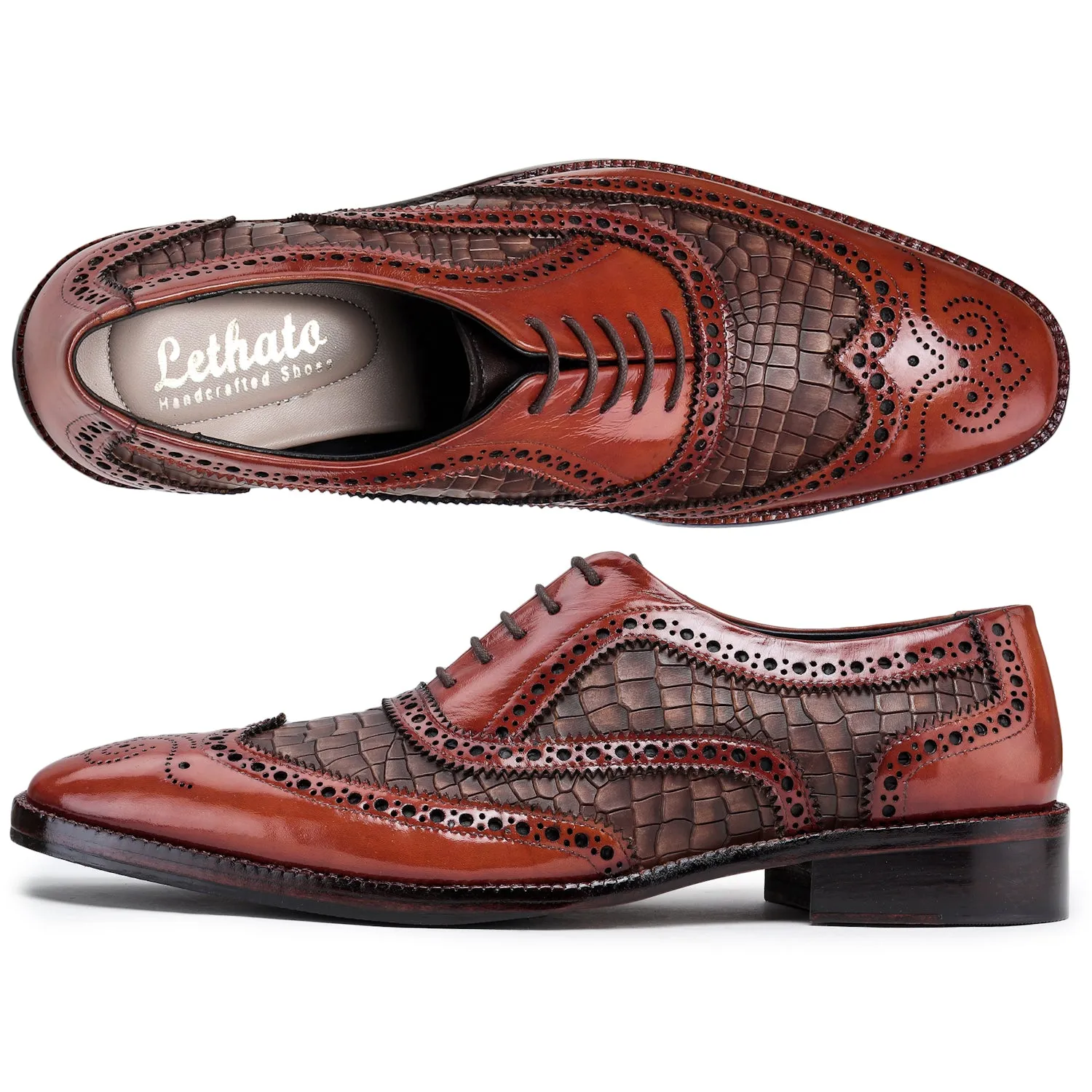 Wingtip Brogue Oxford- Croc Cognac